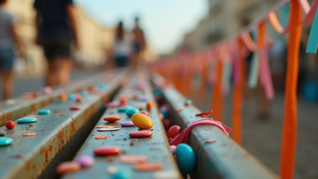 Confettis et pin s colores sur une barriere de festival a Marseille