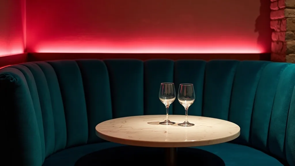 Banquette velours et table marbre sous lumiere rose a Marseille