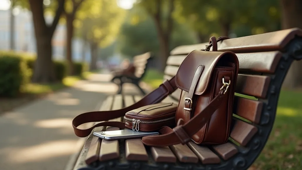 sac en cuir ouvert sur un banc avec telephone a Marseille
